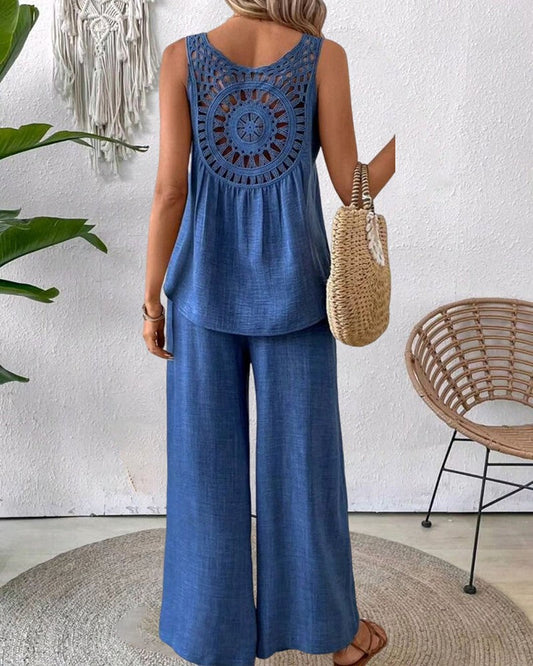 Hollow Out Crochet Lace Tank Top & Wide Leg Pants Set