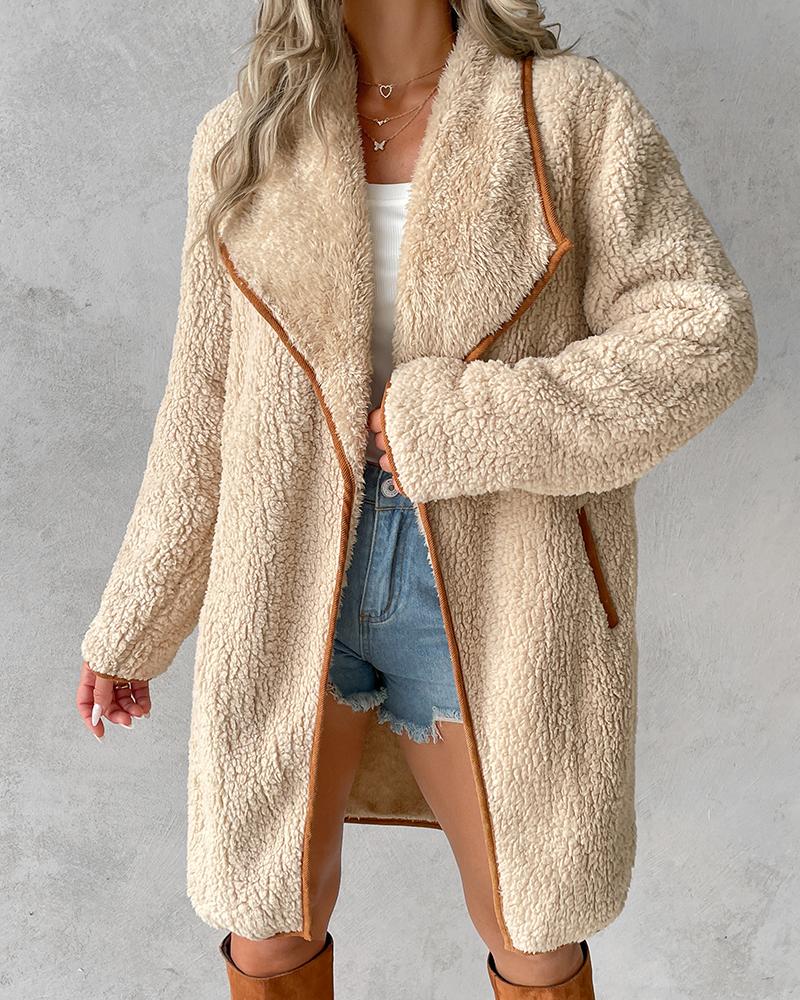 Contrast Binding Lapel Teddy Coat Open Front Longline Winter Outwear Jackets with Pockets