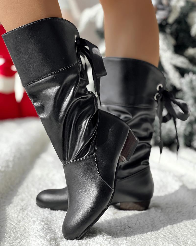 Eyelet Tied Detail Chunky Heel Ankle Boots