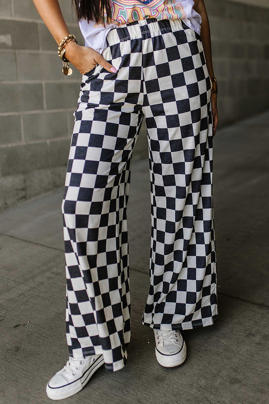 White Checkered Print Side Slit High Waist Midi Skirt