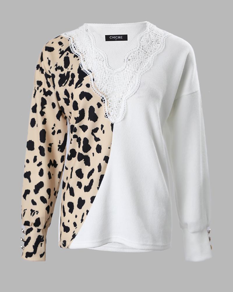 Cheetah Print Lantern Sleeve Lace Trim Knit Sweater