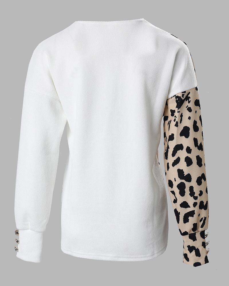 Cheetah Print Lantern Sleeve Lace Trim Knit Sweater