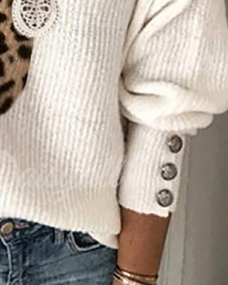 Cheetah Print Lantern Sleeve Lace Trim Knit Sweater