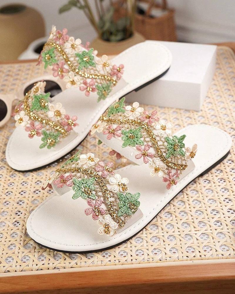 Lace Floral Double Strap Summer Beach Slippers