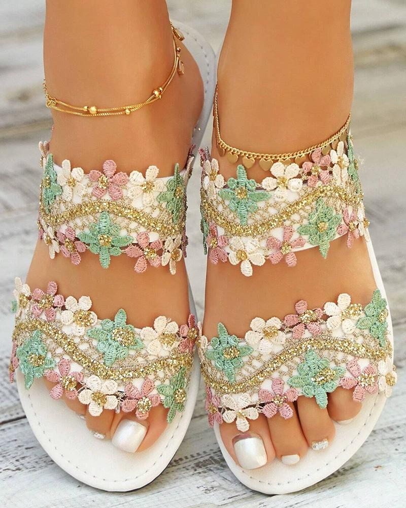 Lace Floral Double Strap Summer Beach Slippers