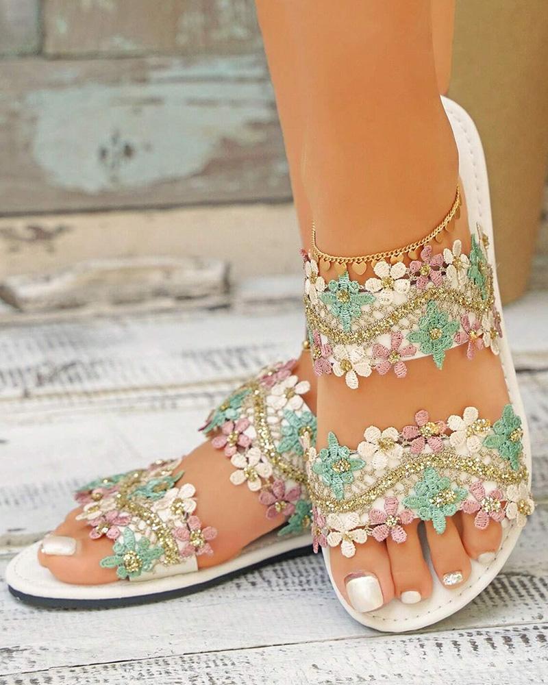 Lace Floral Double Strap Summer Beach Slippers