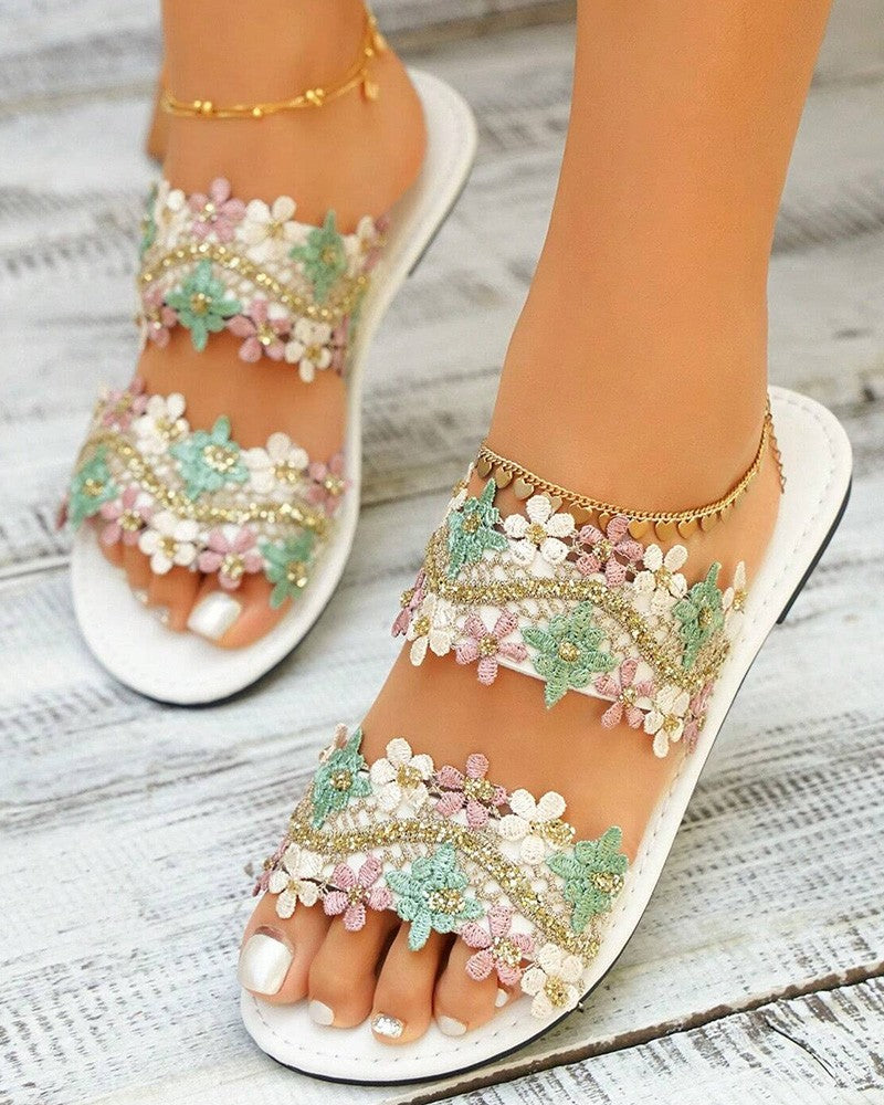 Lace Floral Double Strap Summer Beach Slippers