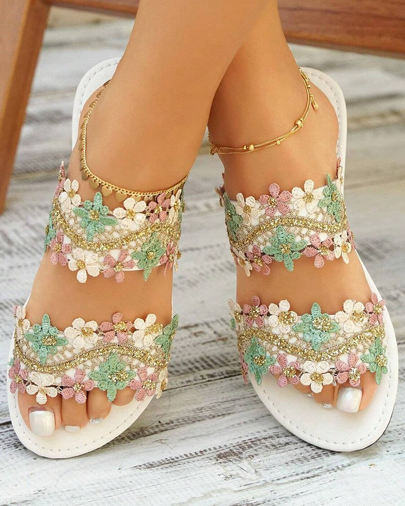 Lace Floral Double Strap Summer Beach Slippers