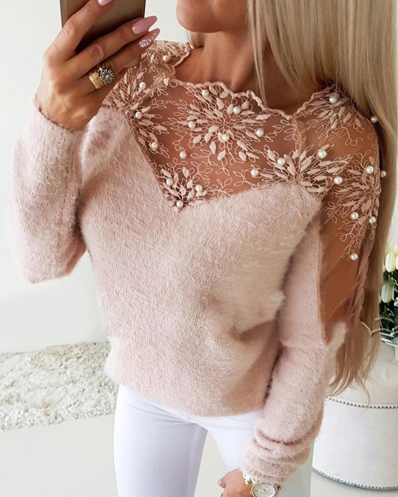 Crochet Lace Beaded Fluffy Sheer Mesh Knit Sweater