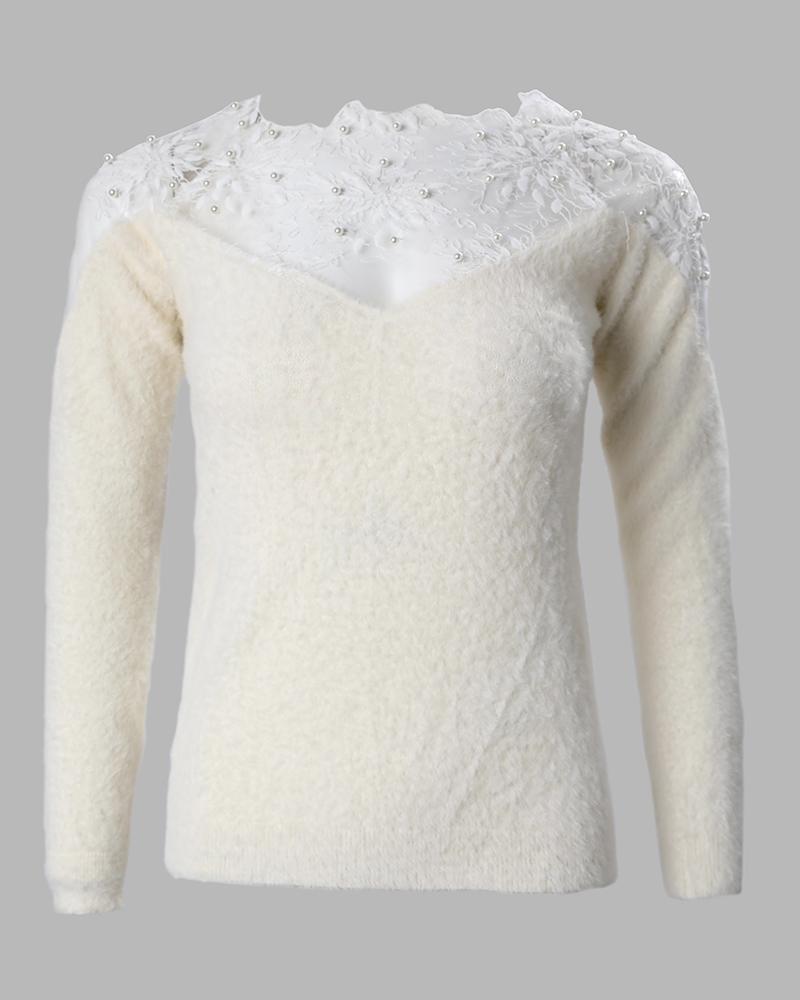 Crochet Lace Beaded Fluffy Sheer Mesh Knit Sweater