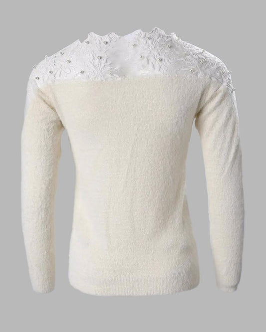 Crochet Lace Beaded Fluffy Sheer Mesh Knit Sweater