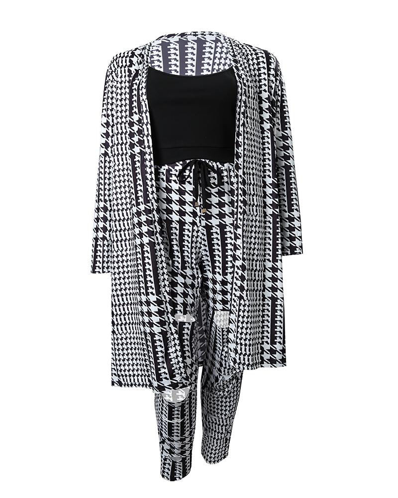 Plus Size 3PCS Cami Top & Houndstooth Print Pants Set With Coat