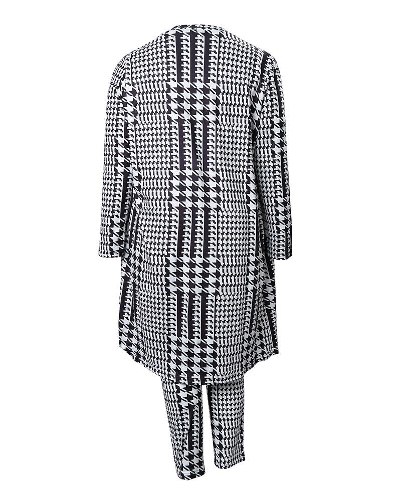 Plus Size 3PCS Cami Top & Houndstooth Print Pants Set With Coat