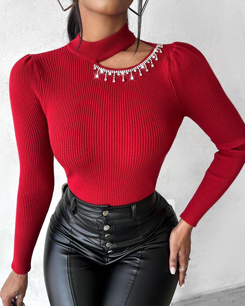 Rhinestone Tassel Design Cutout Knit Sweater