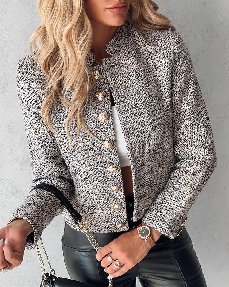 Stand Collar Buttoned Tweed Coat