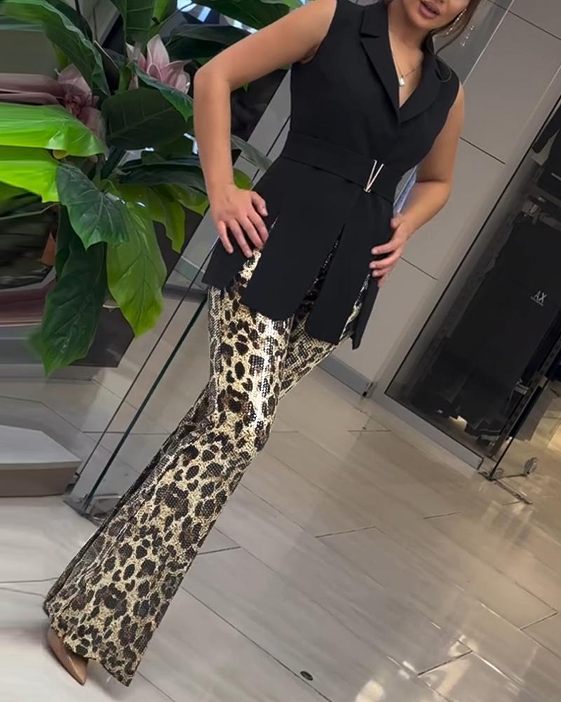 Leopard Pattern Allover Sequin Slim Fit Wide Leg High Waist Causal Pants