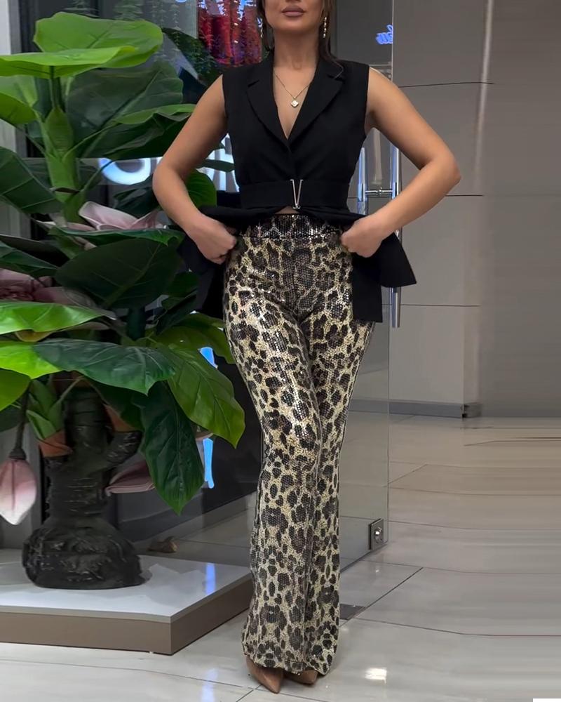 Leopard Pattern Allover Sequin Slim Fit Wide Leg High Waist Causal Pants