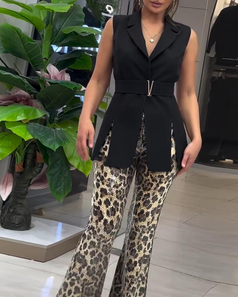 Leopard Pattern Allover Sequin Slim Fit Wide Leg High Waist Causal Pants