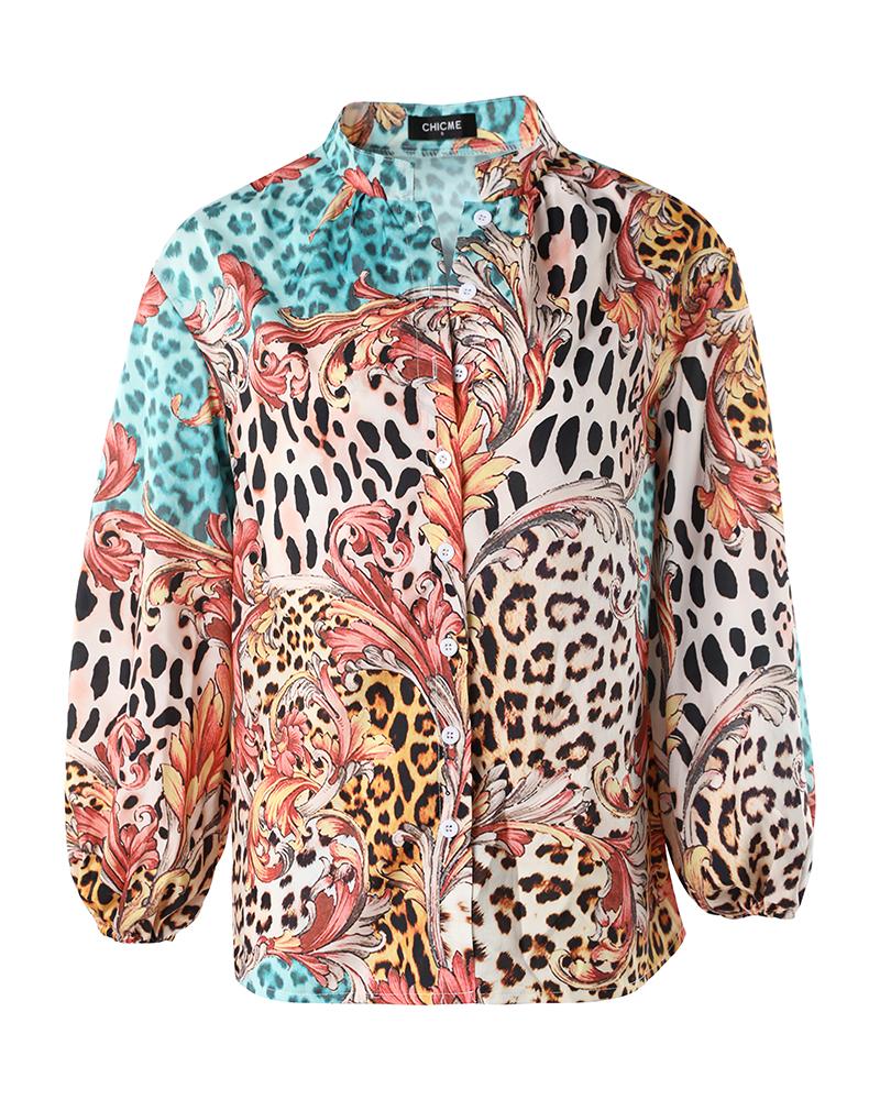 Leopard Baroque Print Button Up Long Sleeve Shirt