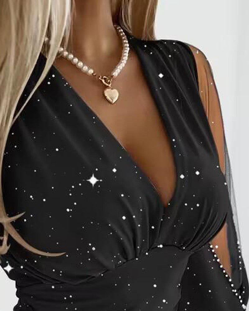 Sheer Mesh Patch Glitter Bodycon Dress