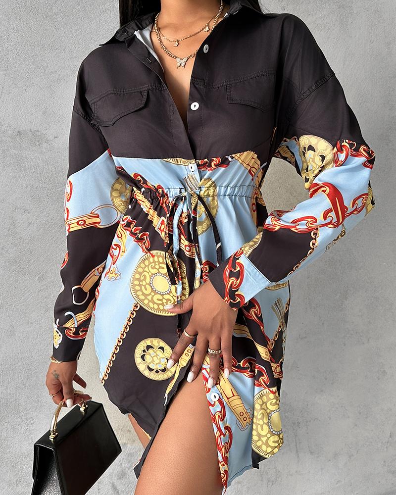 Chain Scarf Print Button Front Shirt Dress