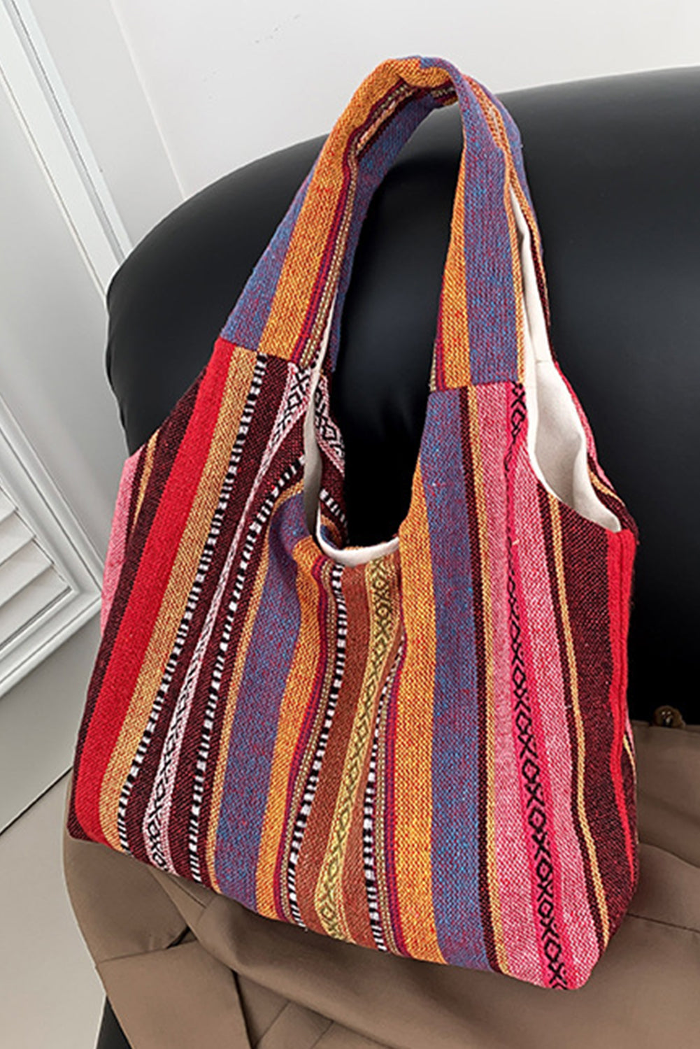 Fiery Red Multiple Ethnic Stripes Print Canvas Tote Bag