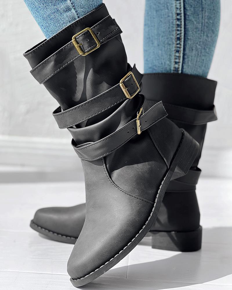 Buckled Vintage Chunky Heel Ankle Boots