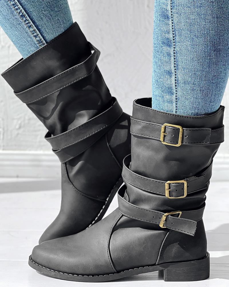 Buckled Vintage Chunky Heel Ankle Boots