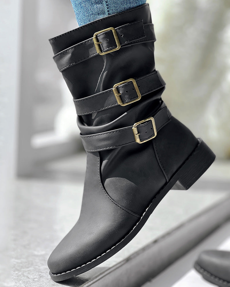 Buckled Vintage Chunky Heel Ankle Boots