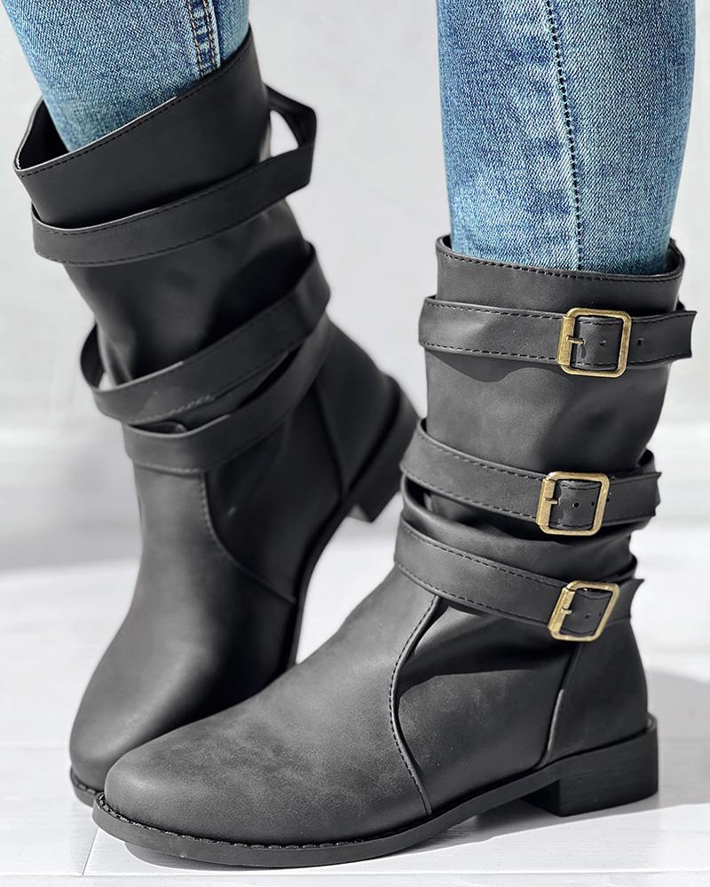 Buckled Vintage Chunky Heel Ankle Boots