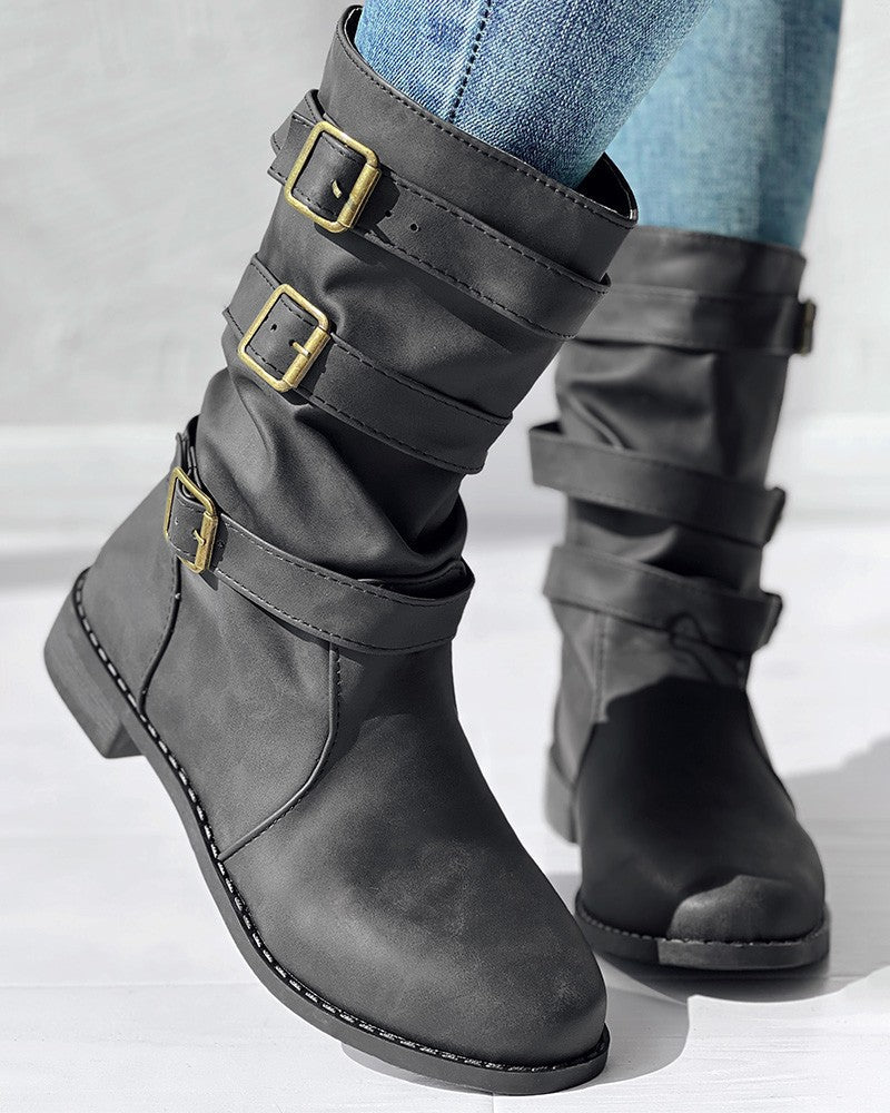 Buckled Vintage Chunky Heel Ankle Boots