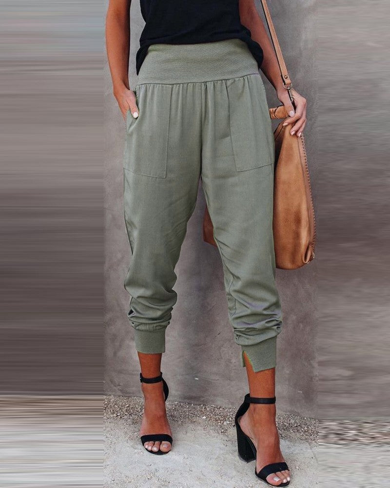 High Waist Pocket Design Casual Pants