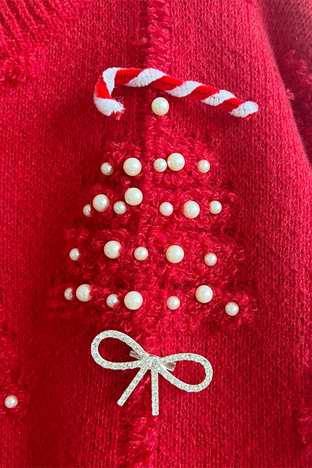 Racing Red Rhinestone Bow Pearl Decor Christmas Tree Round Neck Sweater