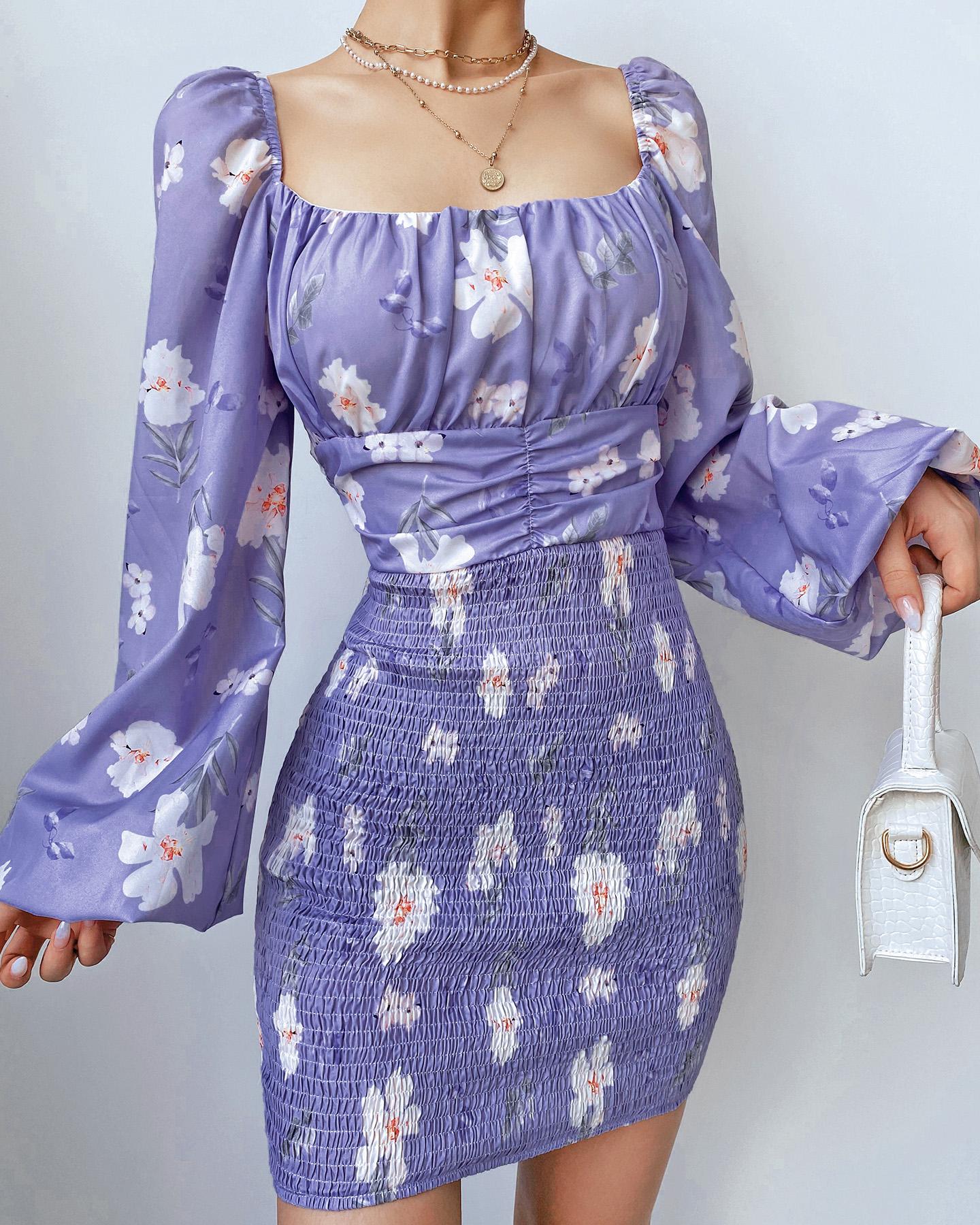 Lantern Sleeve Floral Print Shirring Dress