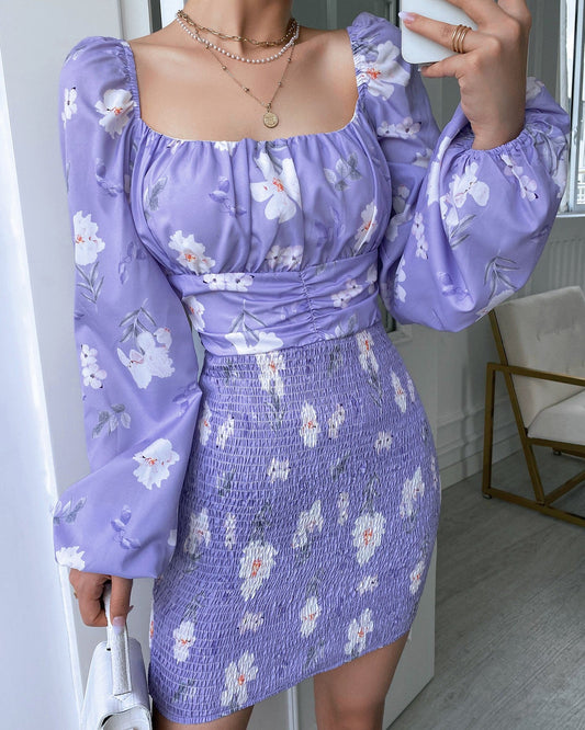 Lantern Sleeve Floral Print Shirring Dress