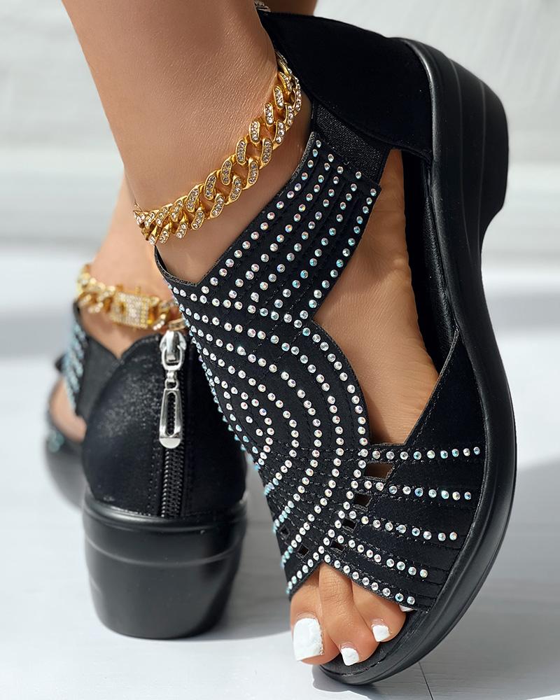 Rhinestone Geometric Pattern Peep Toe Wedge Heels