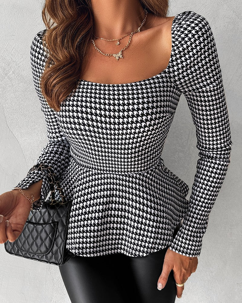 Houndstooth Print Square Neck Top