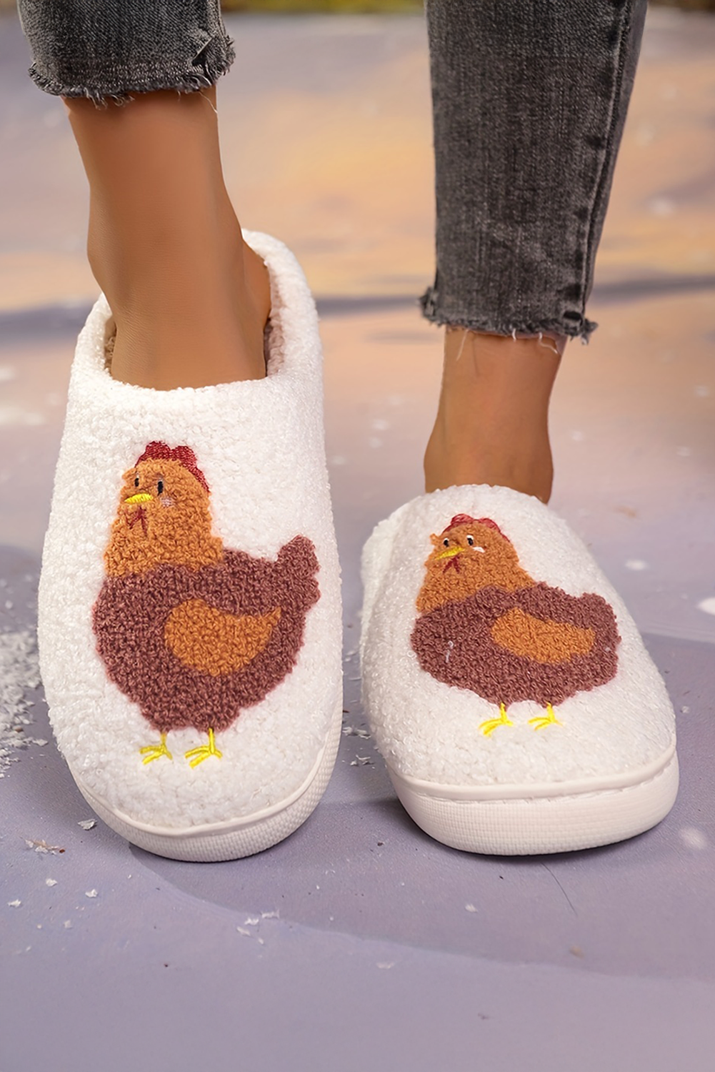 White Chicken Pattern Non-Slip Plush Warm Slippers