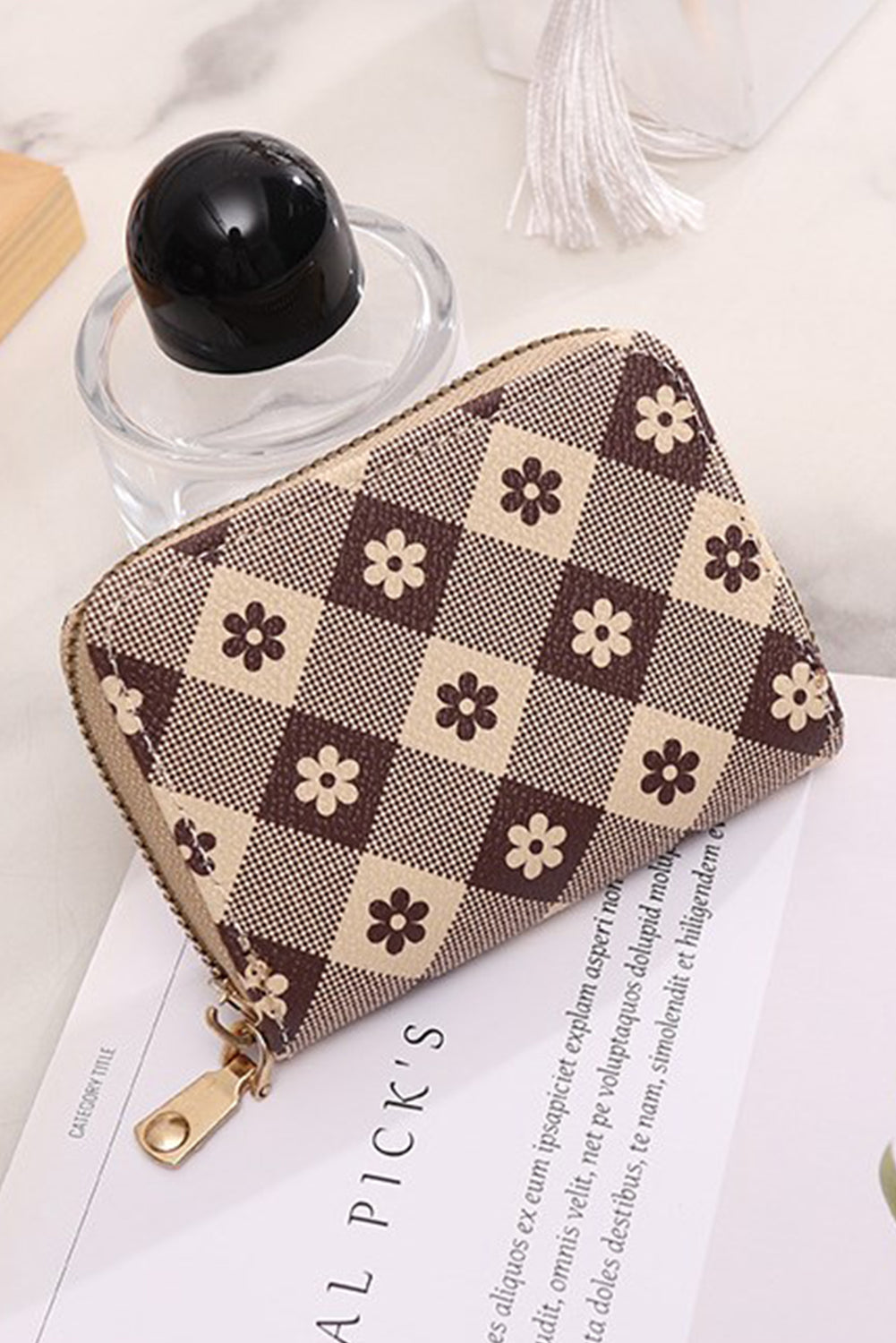 Khaki Flower Checkered PU Leather Wallet