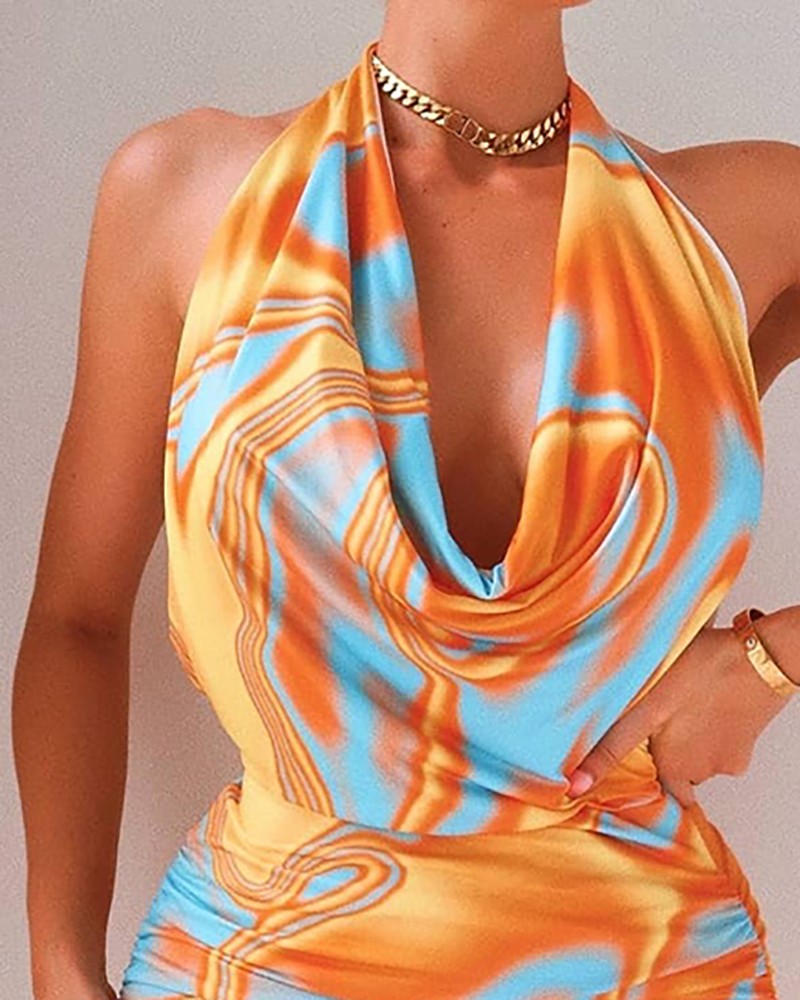 Halter Cowl Neck Backless Marble Print Dress