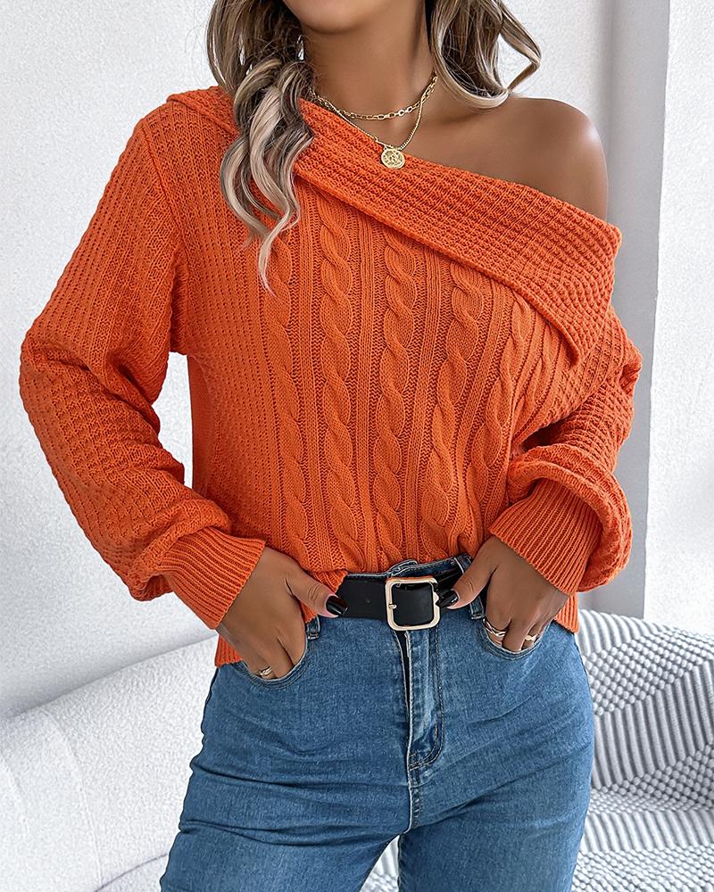 Skew Neck Long Sleeve Cable Knit Sweater