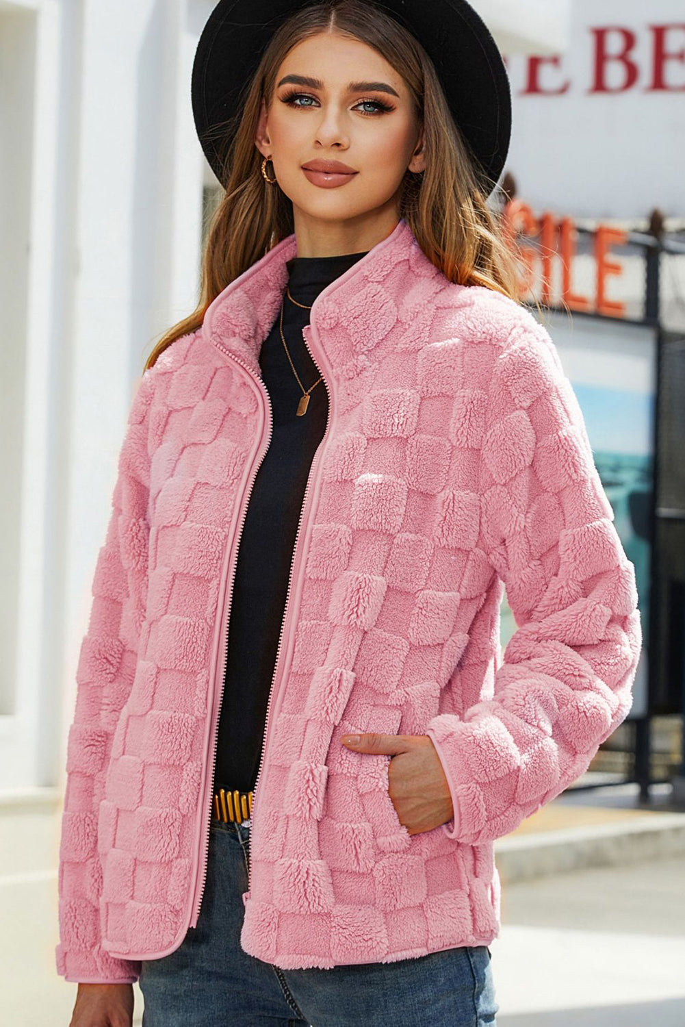 Pink Solid Checkered Side Pockets Zipper Fleece Jacket