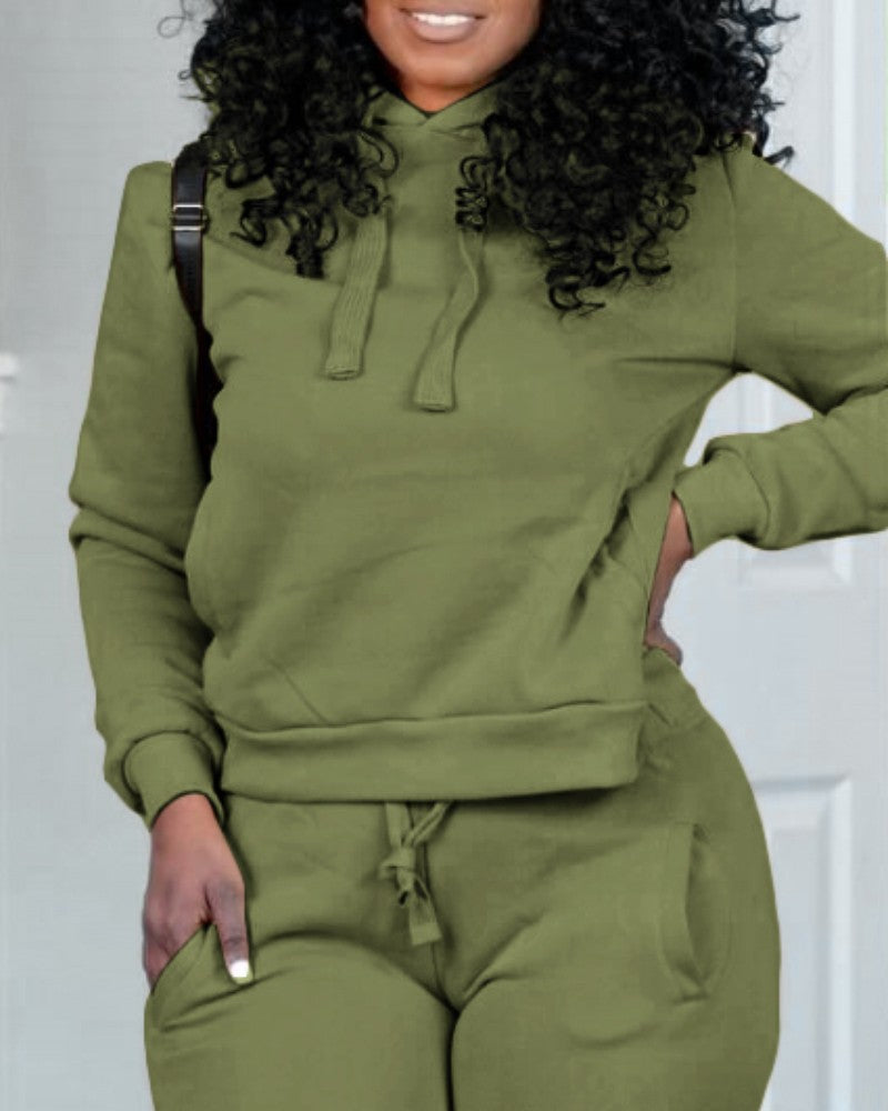 Drawstring Hooded Sweatshirt & Pocket Design Cuffed Sweatpants Set