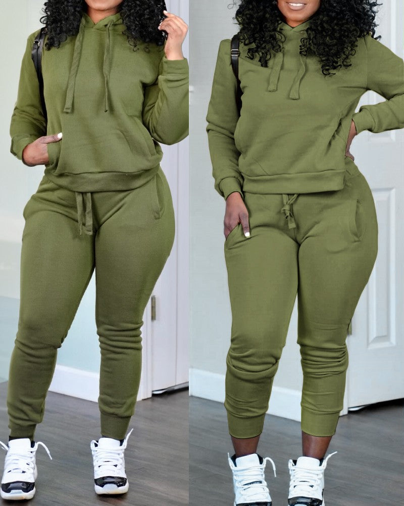 Drawstring Hooded Sweatshirt & Pocket Design Cuffed Sweatpants Set