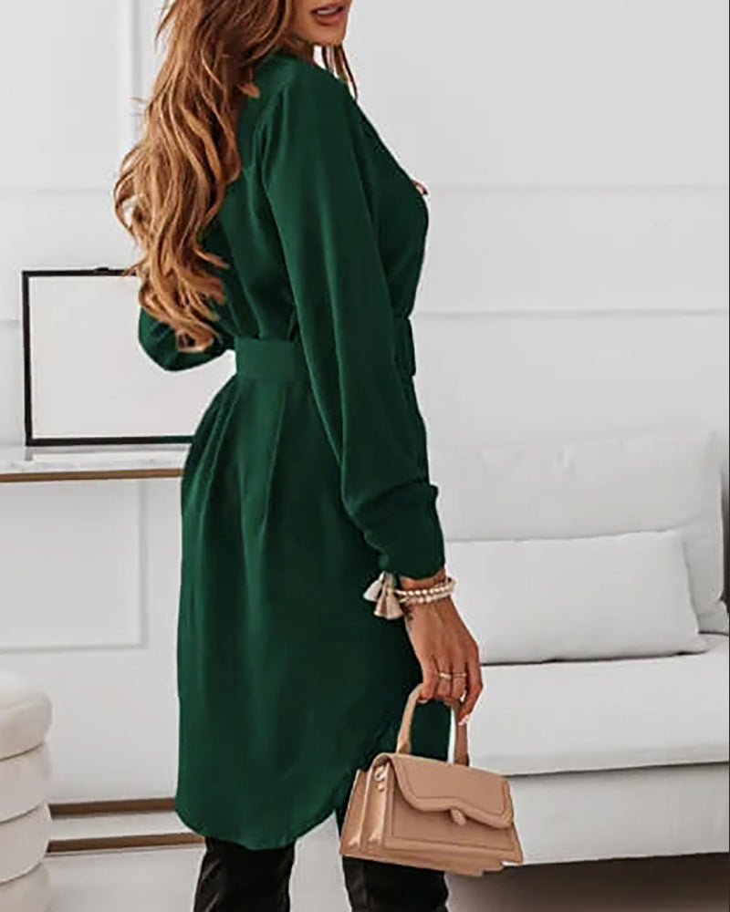 Long Sleeve Button Design Slit Shirt Dress With Belt