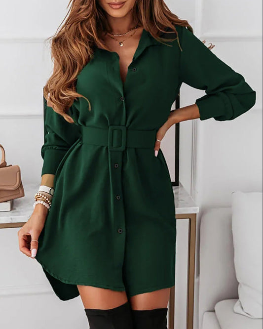 Long Sleeve Button Design Slit Shirt Dress With Belt