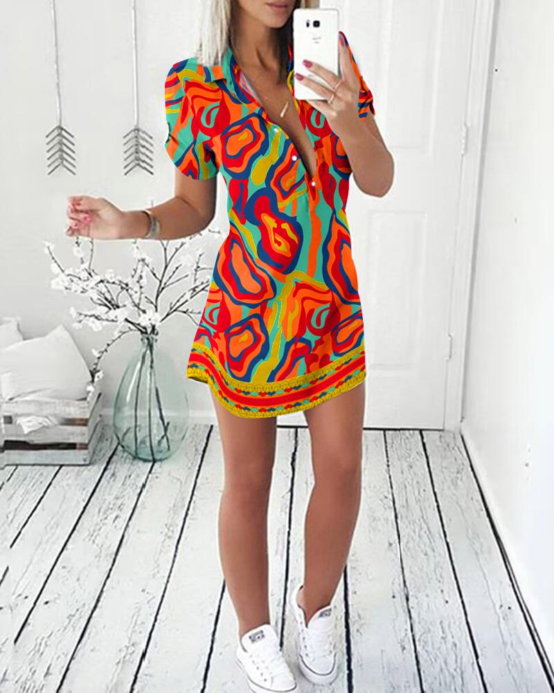 Multi Color Abstract Print Buttoned Shirt Dress