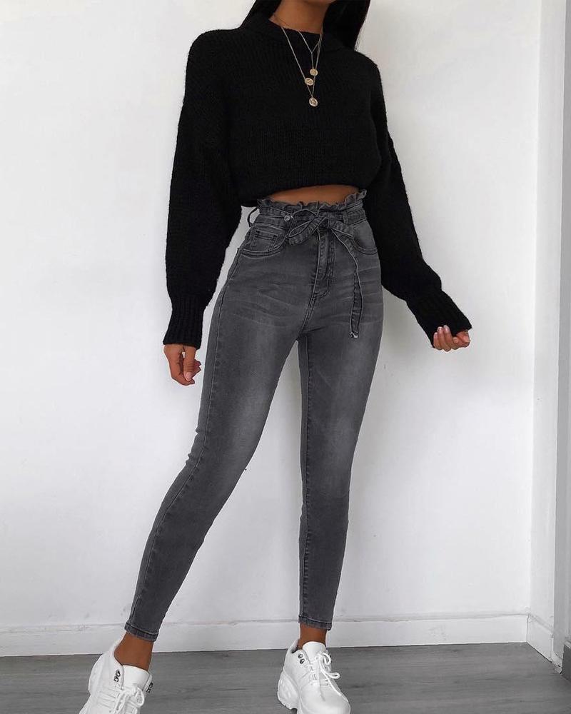 Solid Paperbag Waist Denim Pants