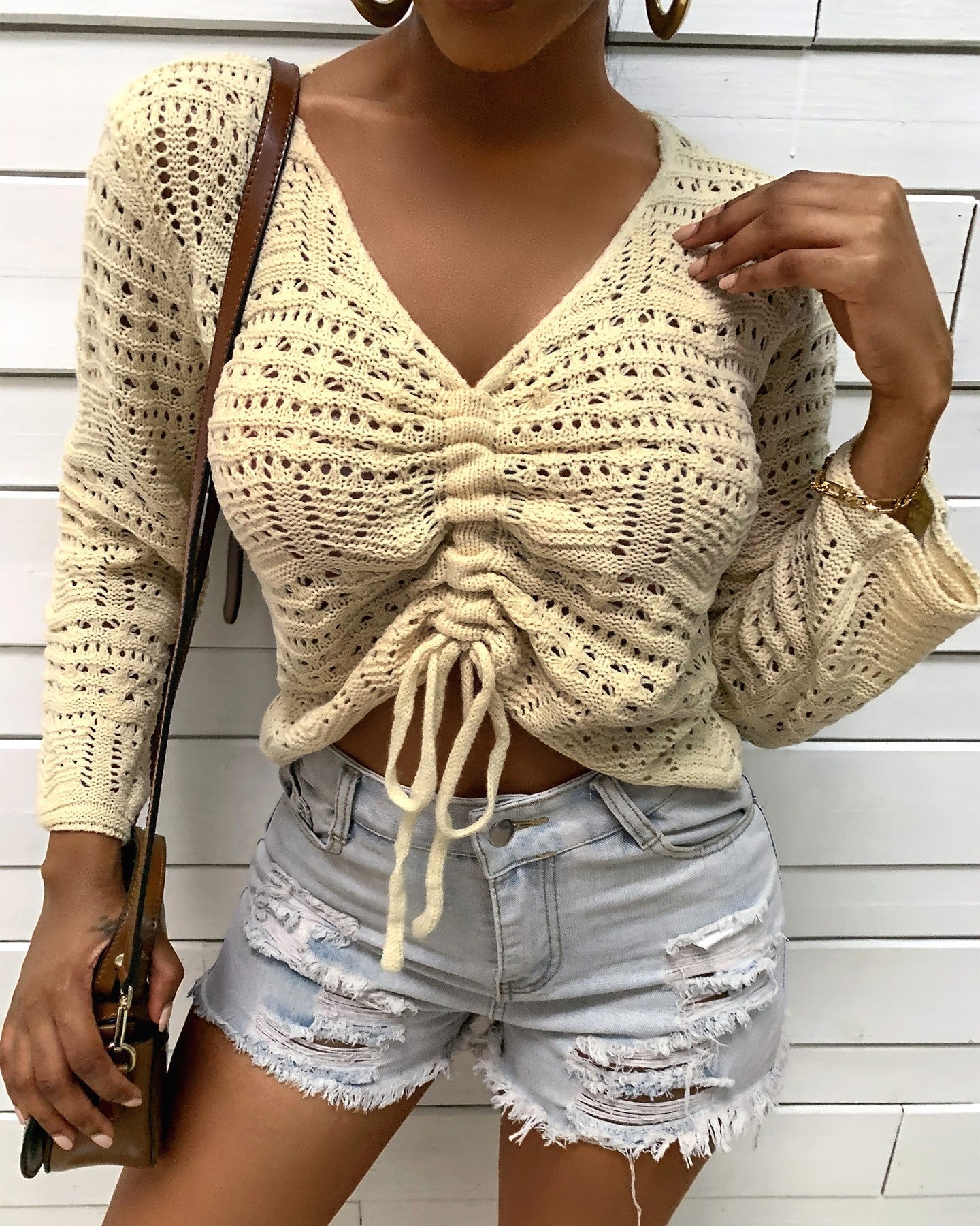 Hollow Out Drawstring Ruched Knit Sweater