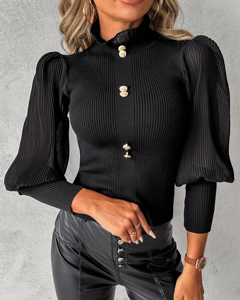 Gigot Sleeve Frill Hem Knit Sweater